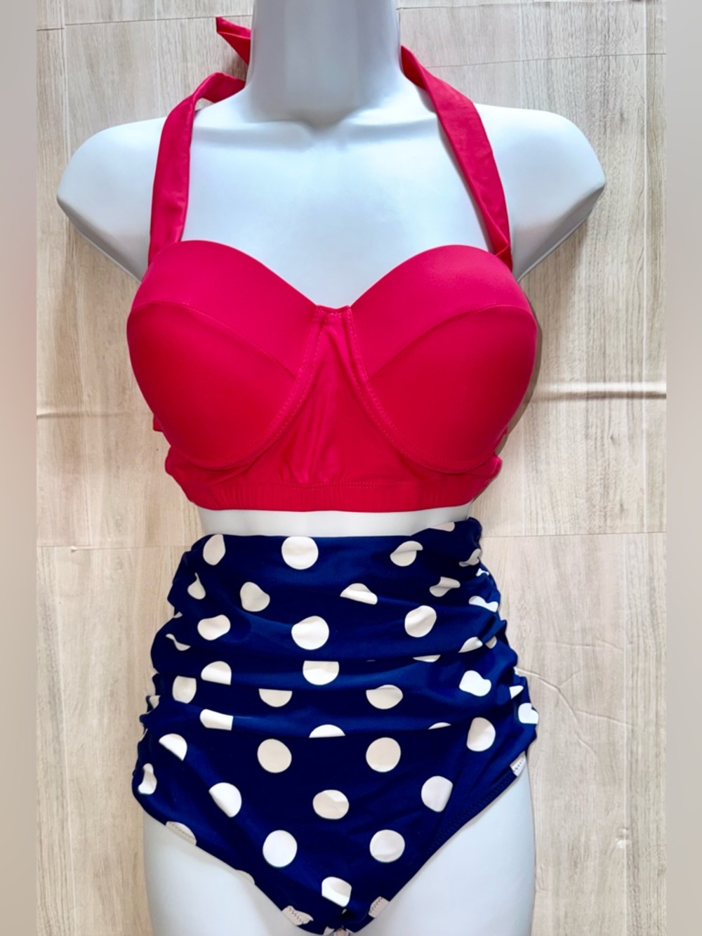 Retro High-Waist Blue & White Polka Dot Bikini w/Bright Red Halter Top - Size XL